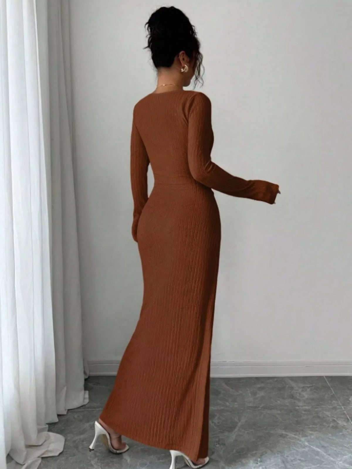 Slit Asymmetrical Neck Ribbed Maxi Dress