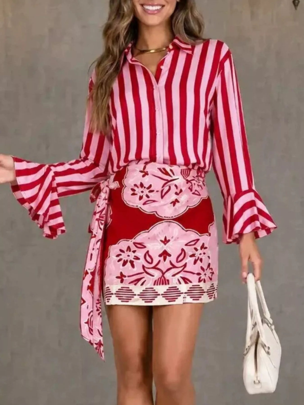 Striped Bell Sleeve Shirt and Skirt Set