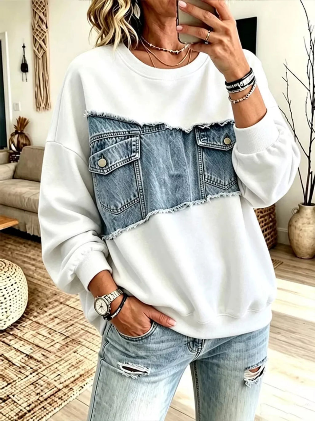 Full Size Denim Patchwork Dropped Shoulder Sweatshirt Plus Size