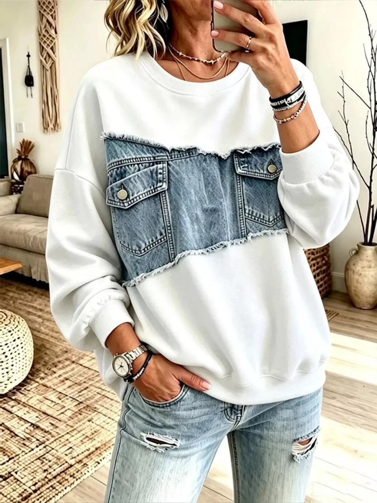 Full Size Denim Patchwork Dropped Shoulder Sweatshirt Plus Size