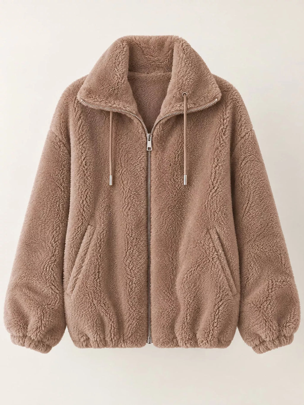 Full Size Drawstring Faux Fur Stand-Collar Zip-Up Outerwear Plus Size