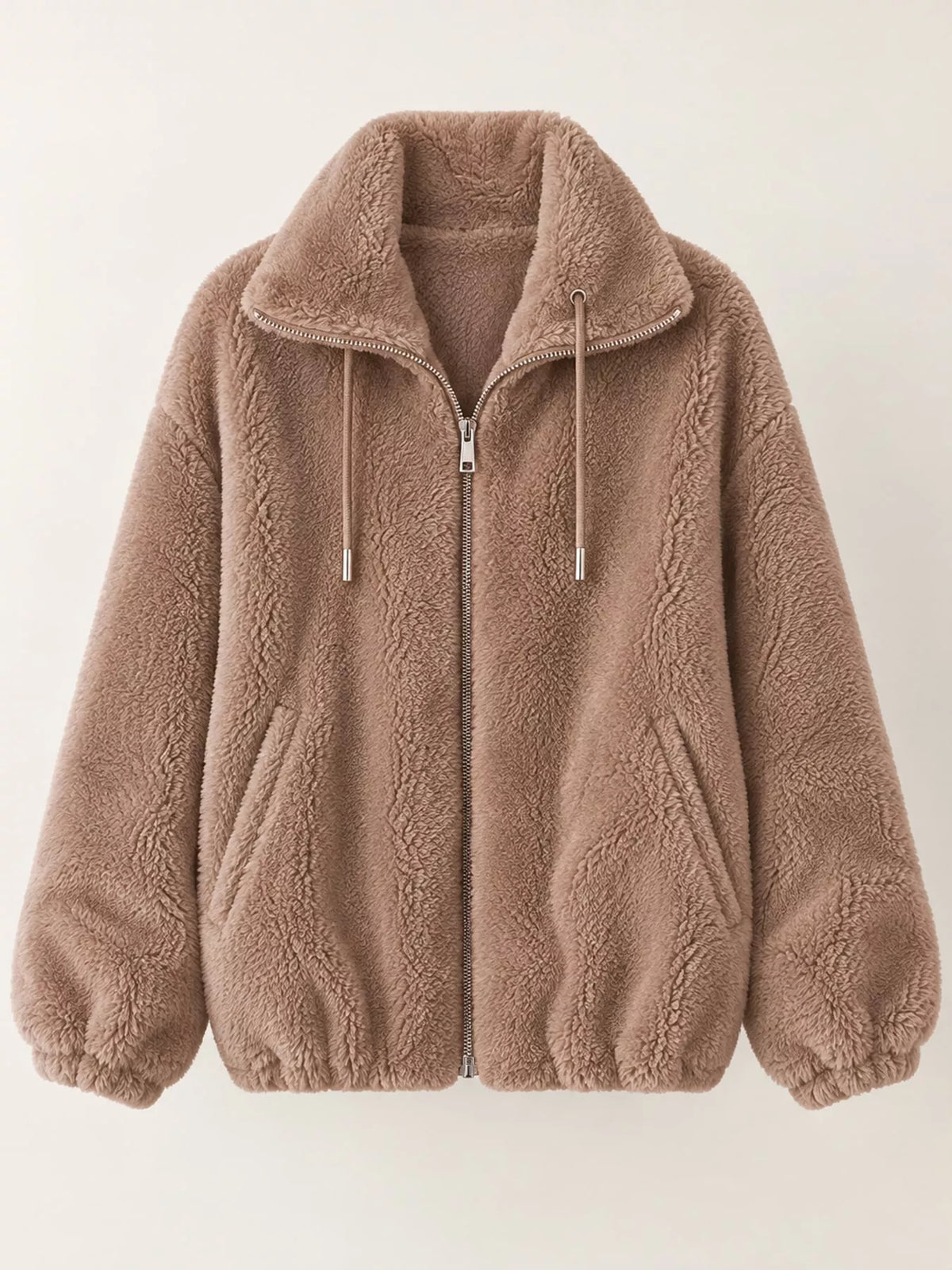 Full Size Drawstring Faux Fur Stand-Collar Zip-Up Outerwear Plus Size