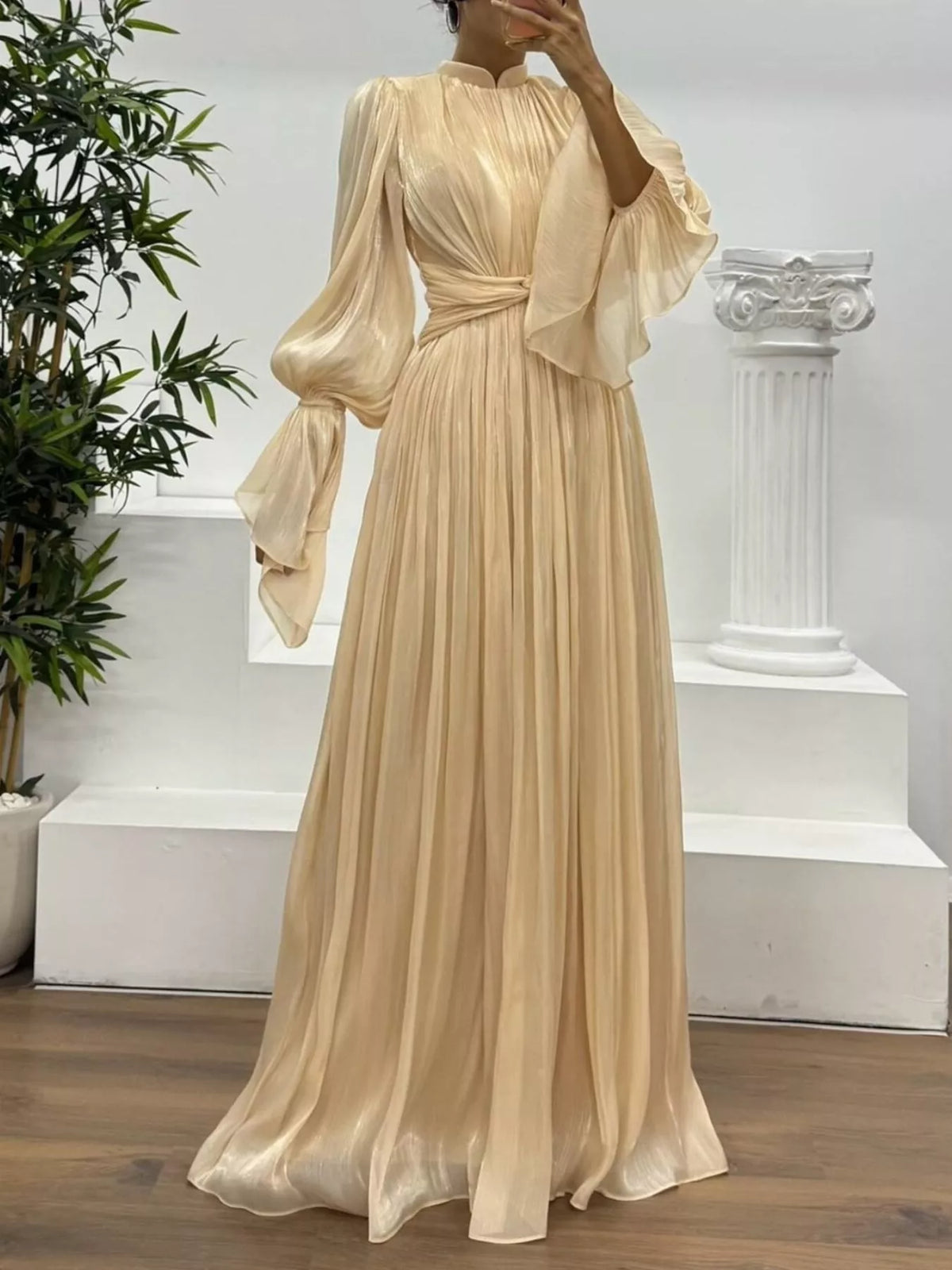Pleated Mock Neck Long Sleeve Maxi Dress