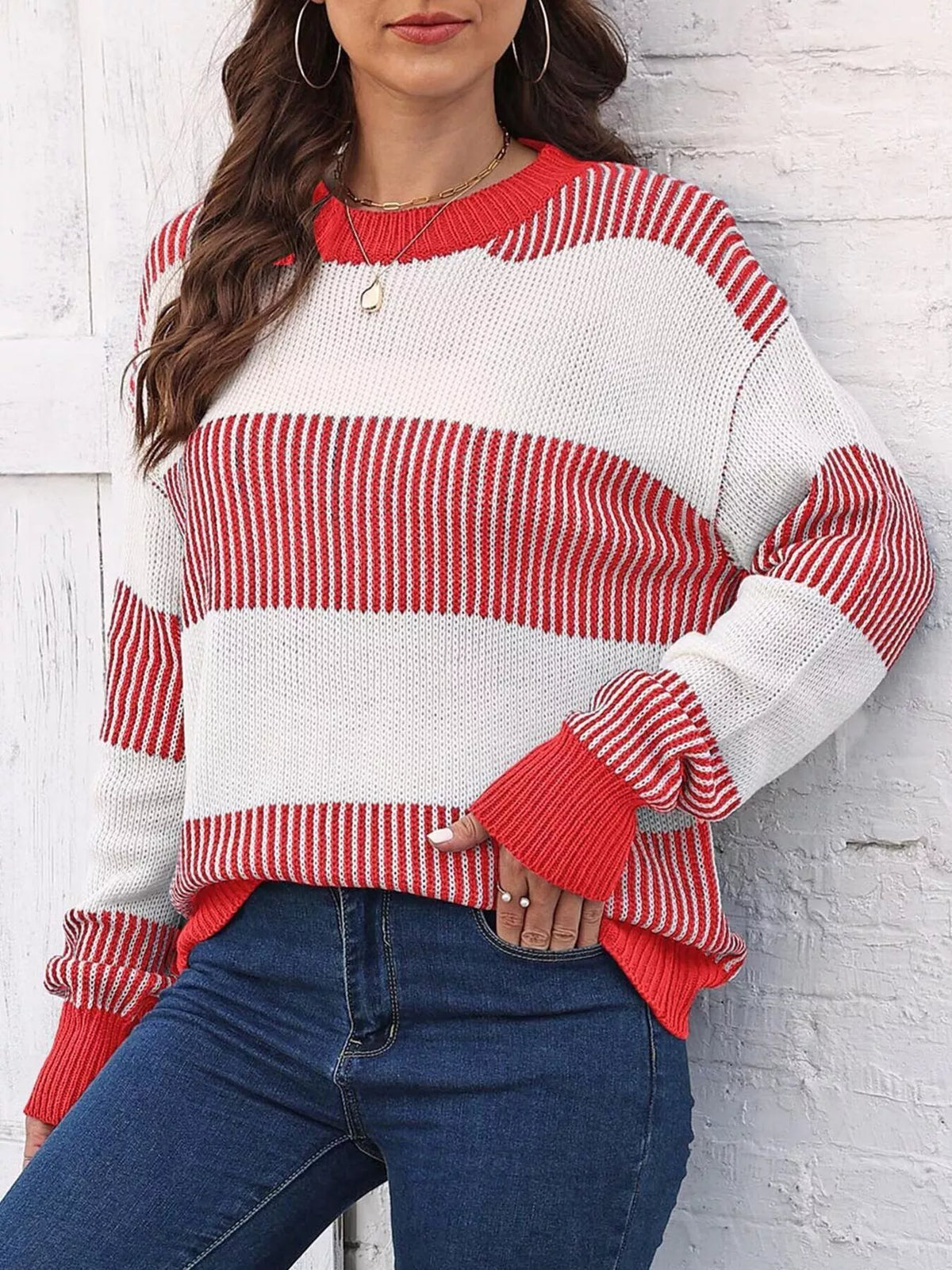 Full Size Striped Color Block Crew Neck Sweater Plus Size