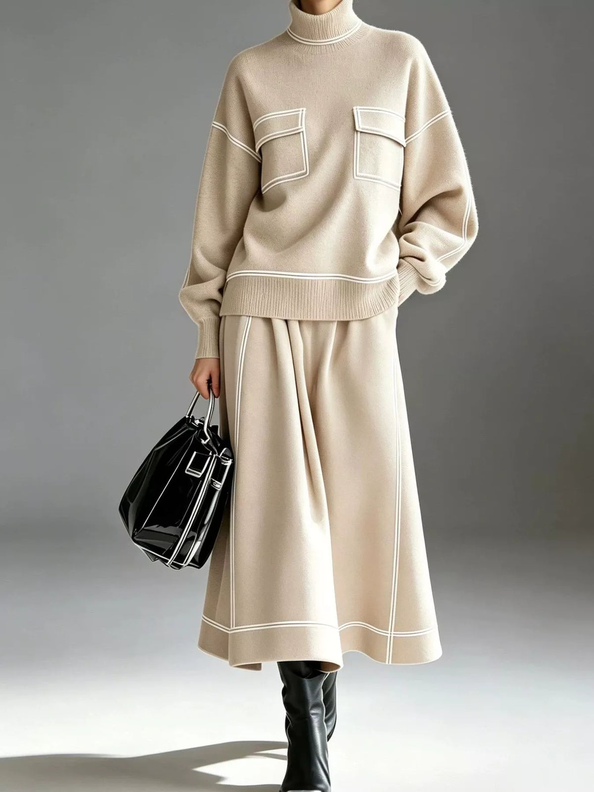 Turtleneck Knit Top and Midi Skirt Set