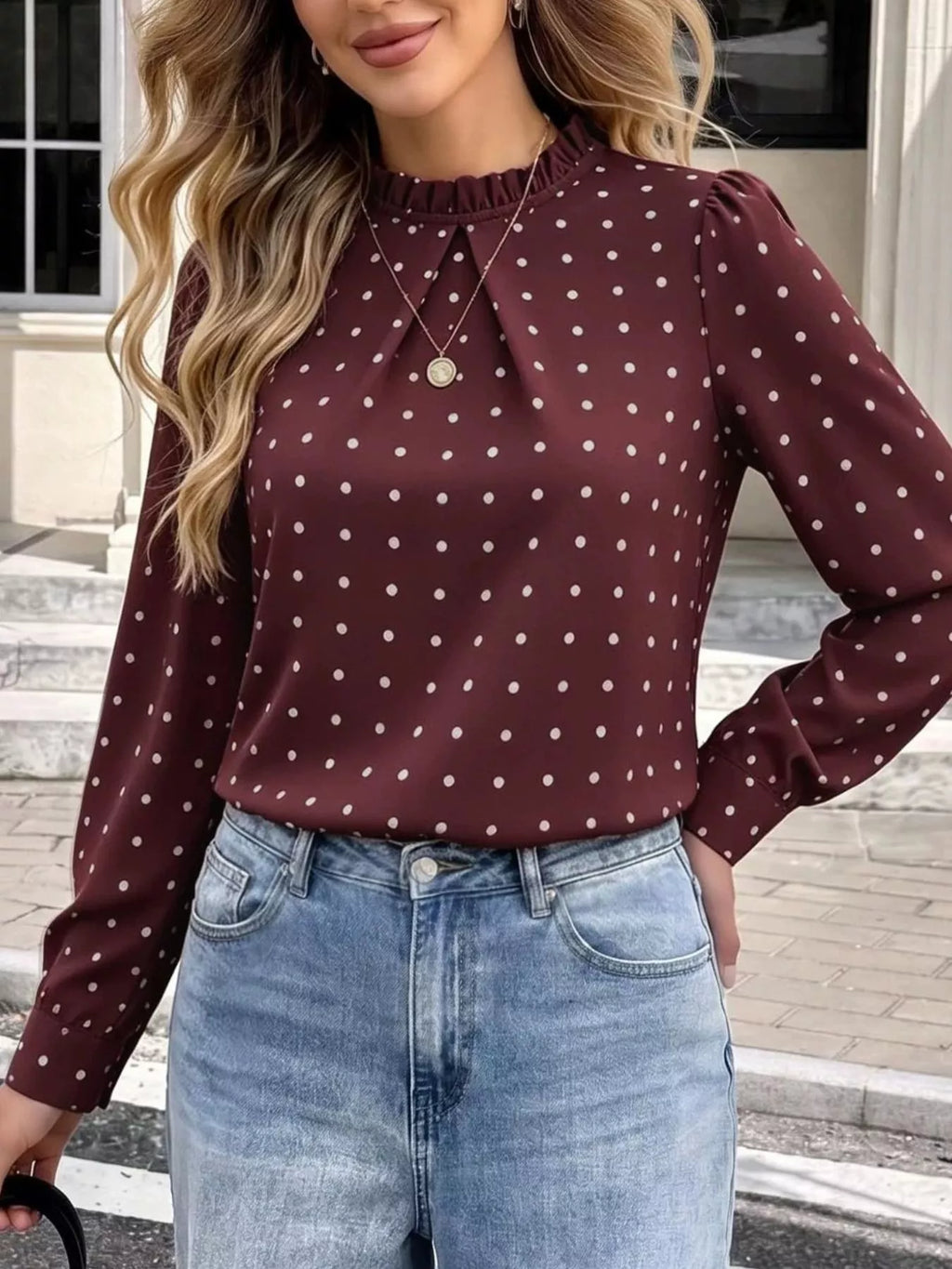 Elegant Polka Dot Print Mock Neck Long Sleeve Blouse