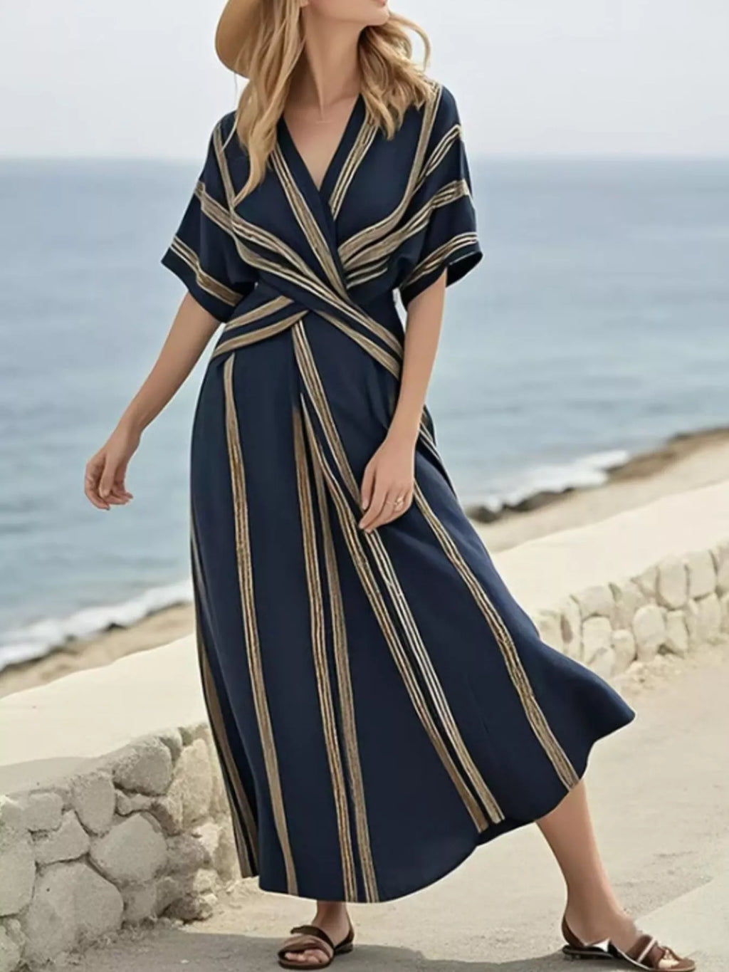 Full Size Striped Surplice Half Sleeve Midi Dress Plus Size