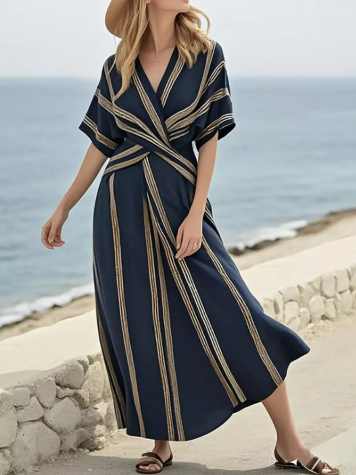 Full Size Striped Surplice Half Sleeve Midi Dress Plus Size