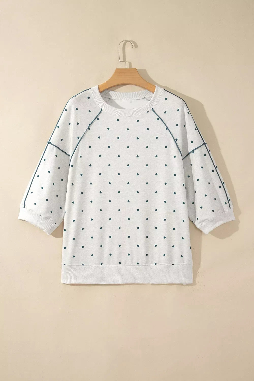 Polka Dot Print Piping Trim 3/4 Sleeve Relaxed Top