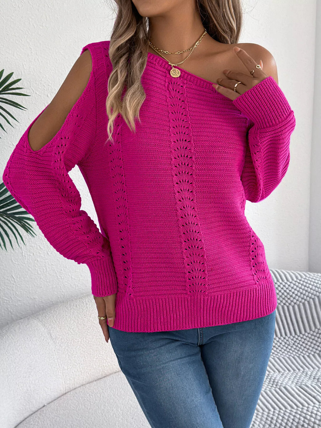 Cold-Shoulder Ribbed Knit Openwork Sweater