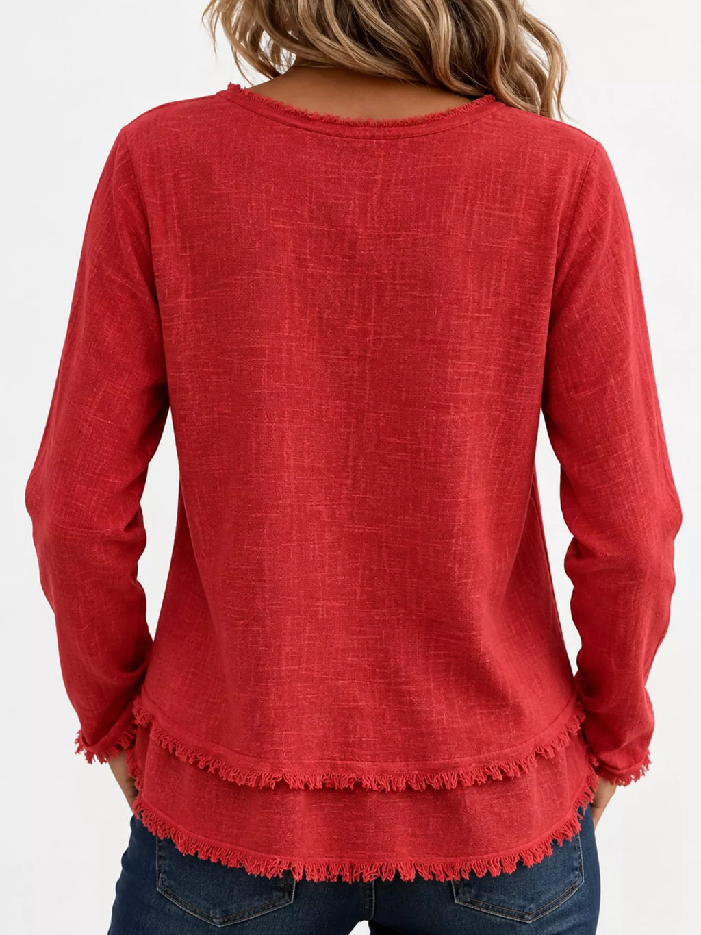 Full Size Frayed Hem V-Neck Long Sleeve Blouse Plus Size