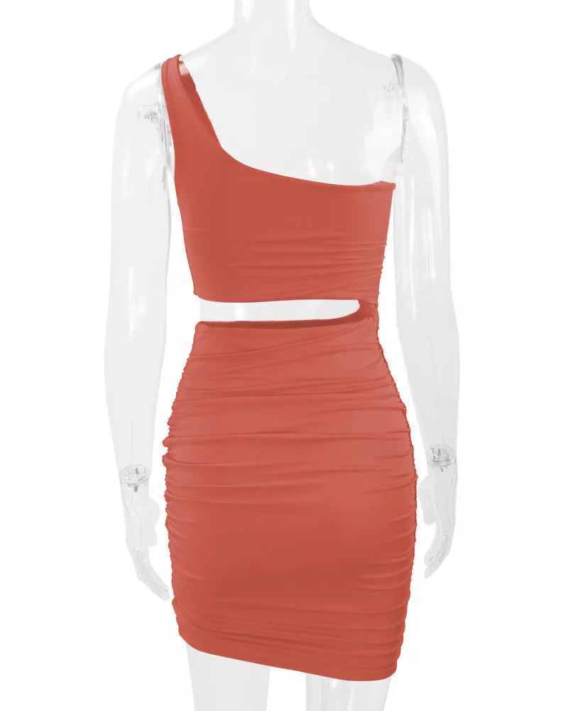 One-Shoulder Cutout Ruched Bodycon Mini Dress