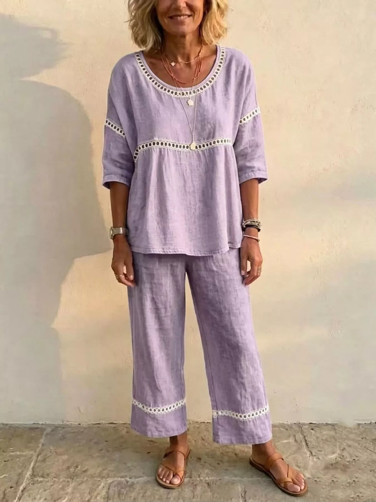 Full Size Hollow-Out Detailing Top and Pants Set Plus Size