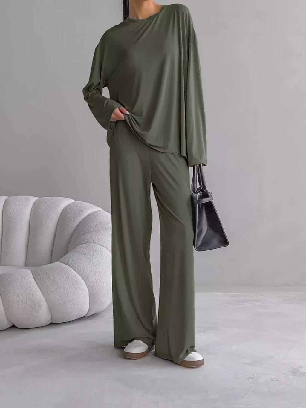 Solid Color Long Sleeve Top and Pants Set