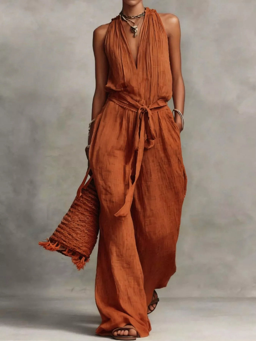 Sleeveless Wide-Leg Jumpsuit with Tie-Waist
