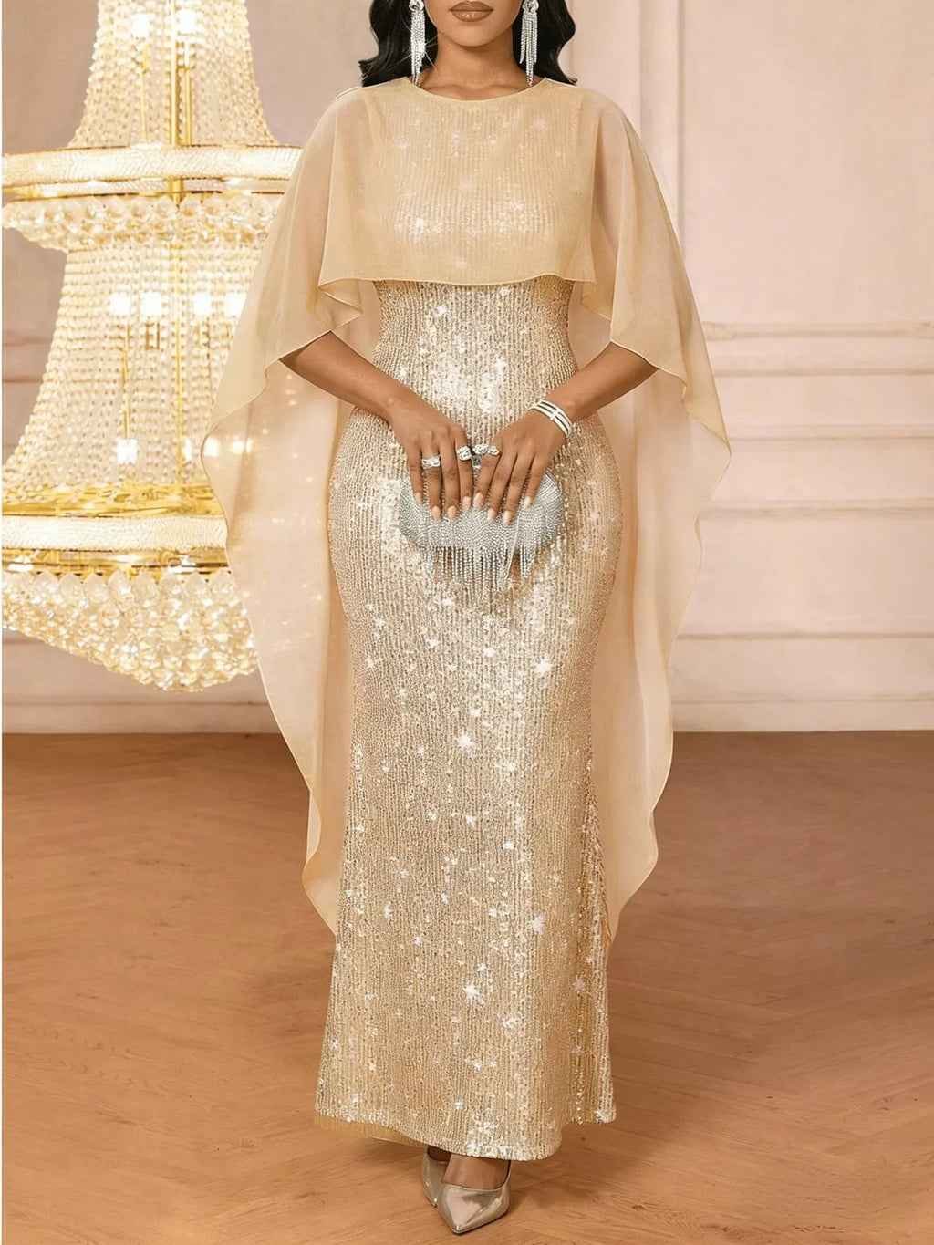 Sequin Cape Overlay Evening Dress