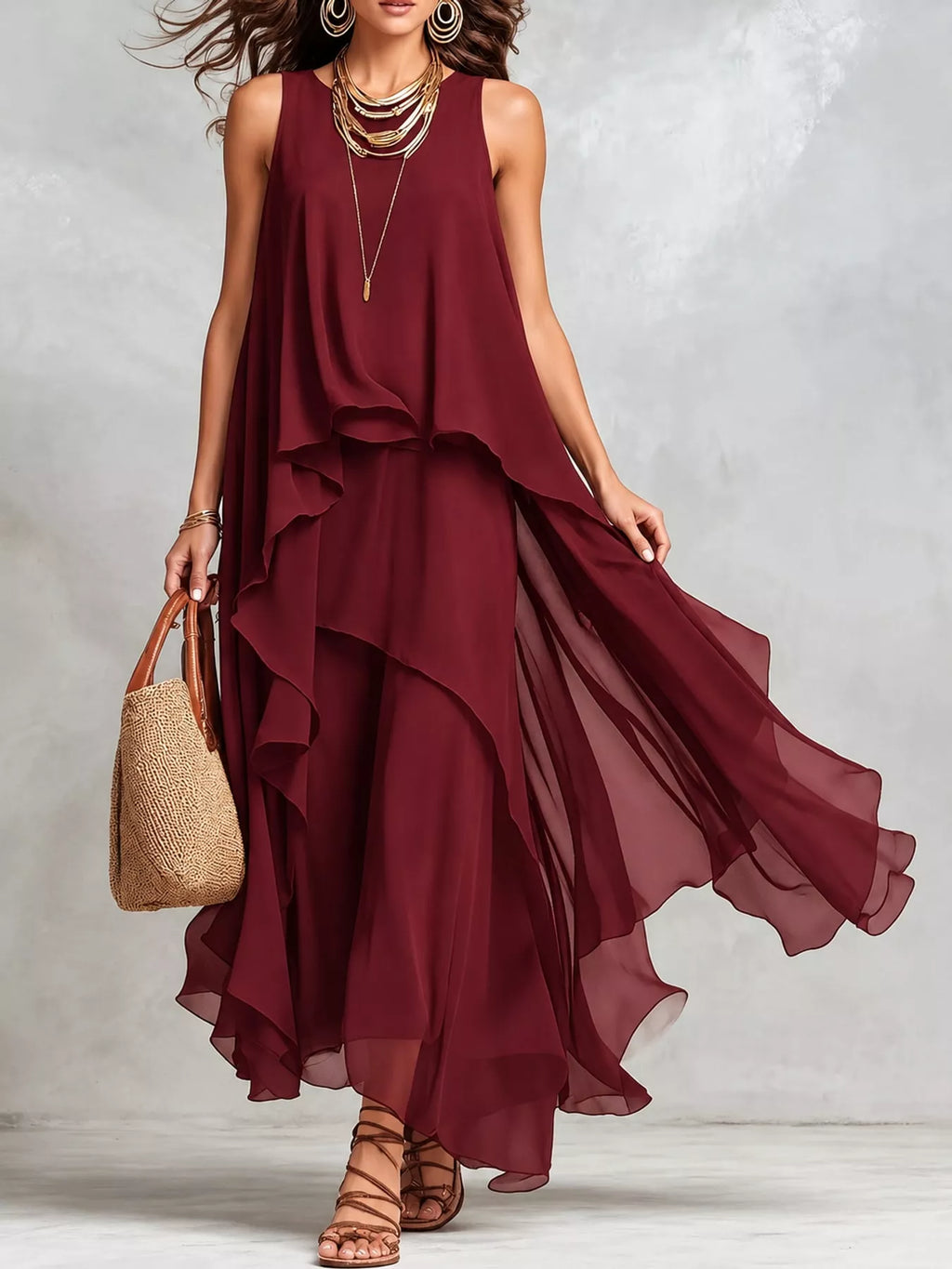 Ruffled Round Neck Sleeveless Maxi Dress
