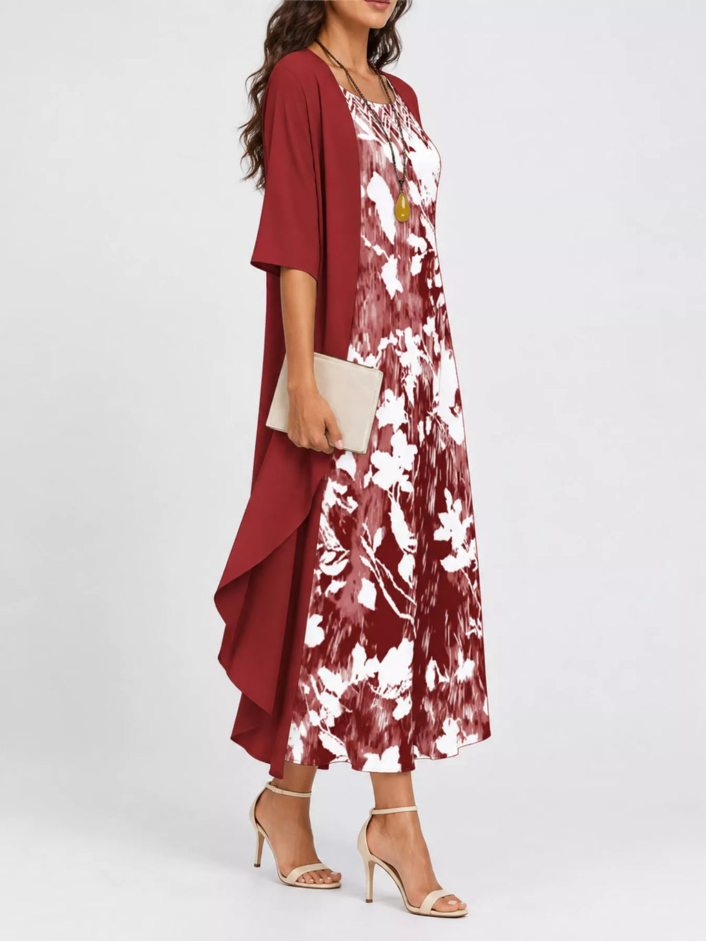 Full Size Floral Print Midi Dress and Chiffon Cardigan Set Plus Size
