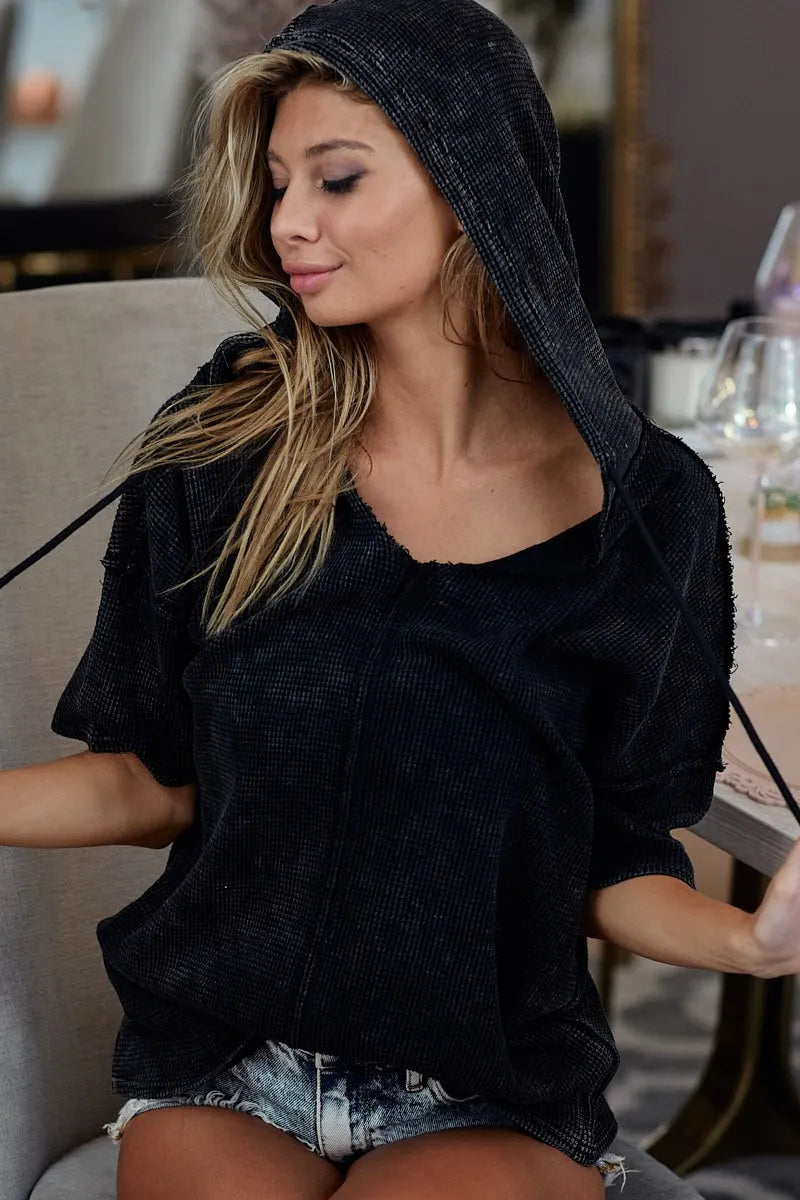 Mineral-Washed Short Sleeve Hoodie with V-Neck and Waffle Knit