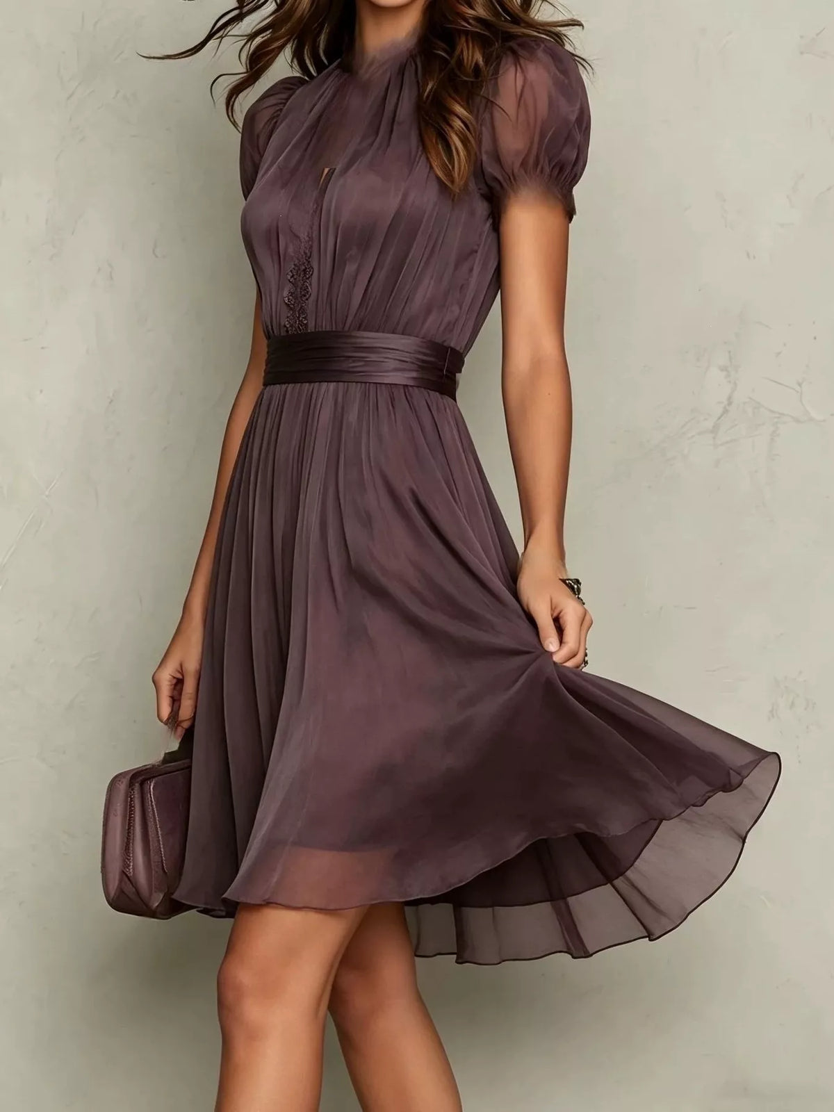 Full Size Lace Trim Puff Sleeve A-Line Dress Plus Size