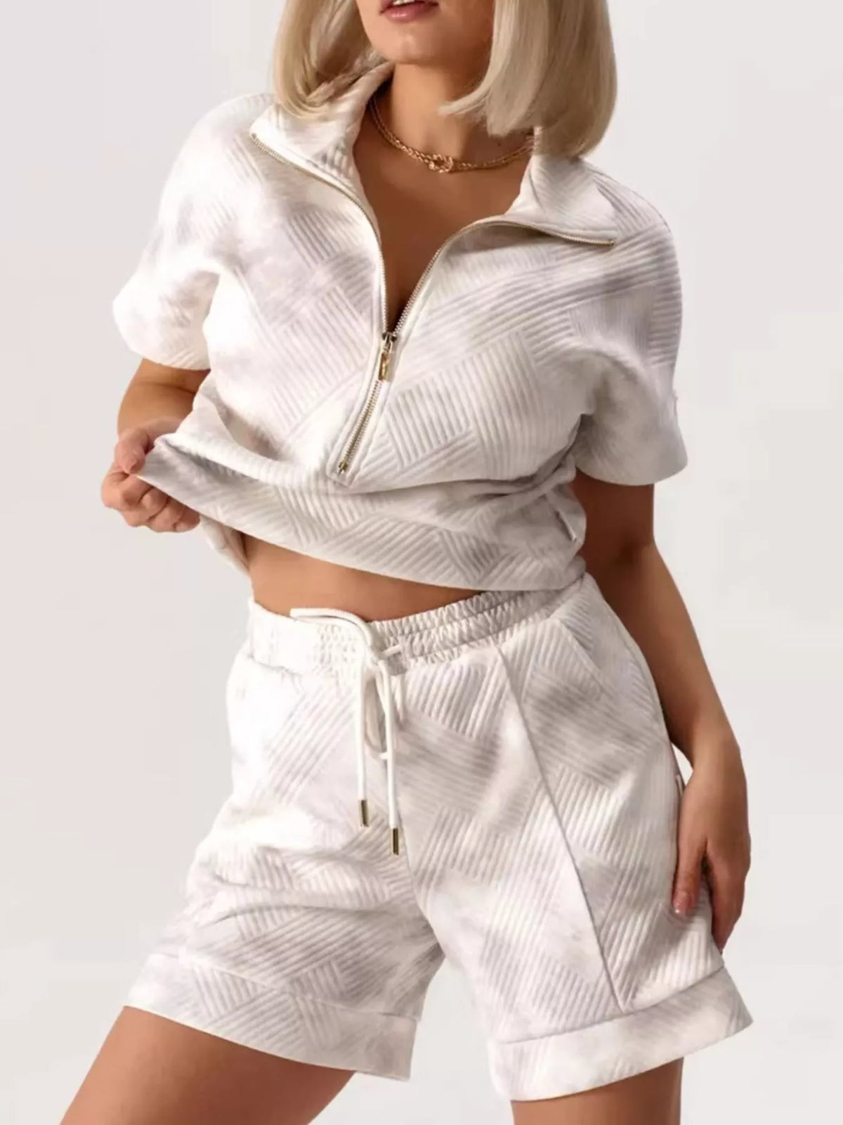 Half Zip Short Sleeve Top and Shorts Set