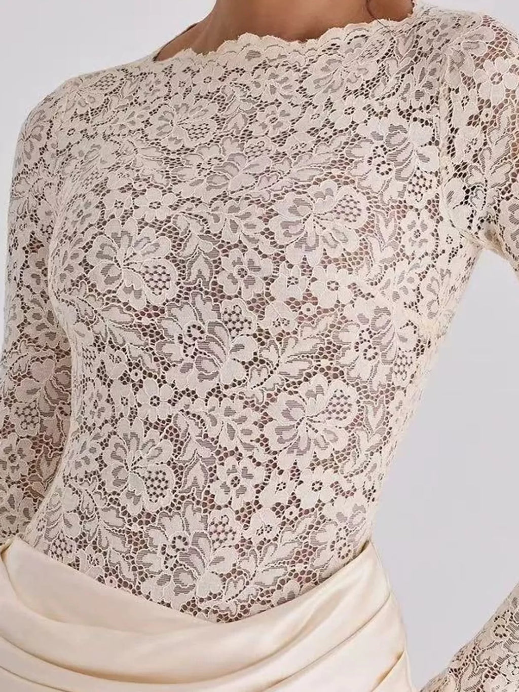 Long-Sleeve Lace and Satin Patchwork Maxi Dress