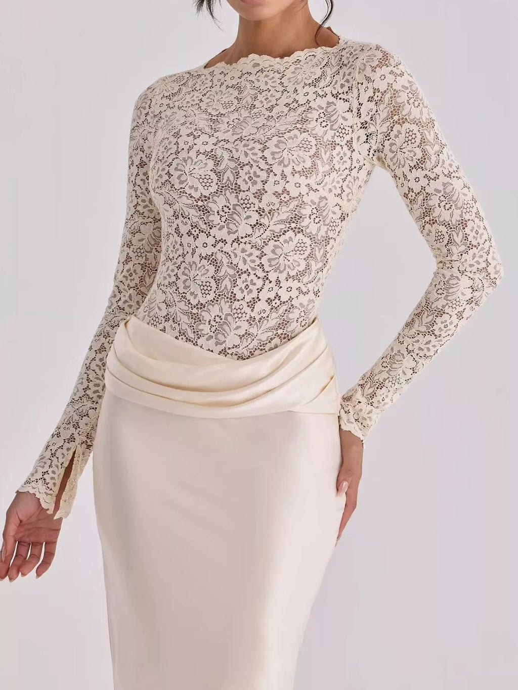 Long-Sleeve Lace and Satin Patchwork Maxi Dress