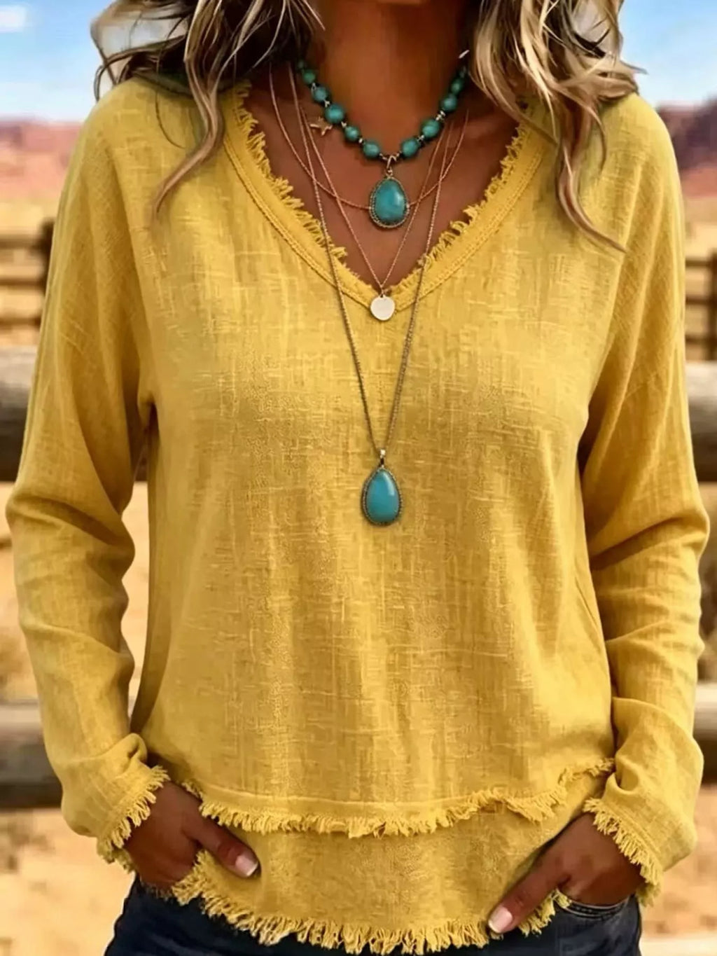 Full Size Frayed Hem V-Neck Long Sleeve Blouse Plus Size