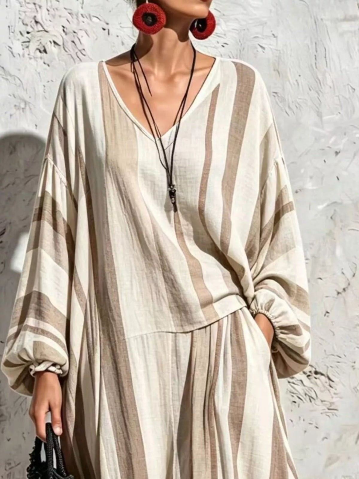 Bohemian Striped V-Neck Loose Top and Wide Leg Pants Set