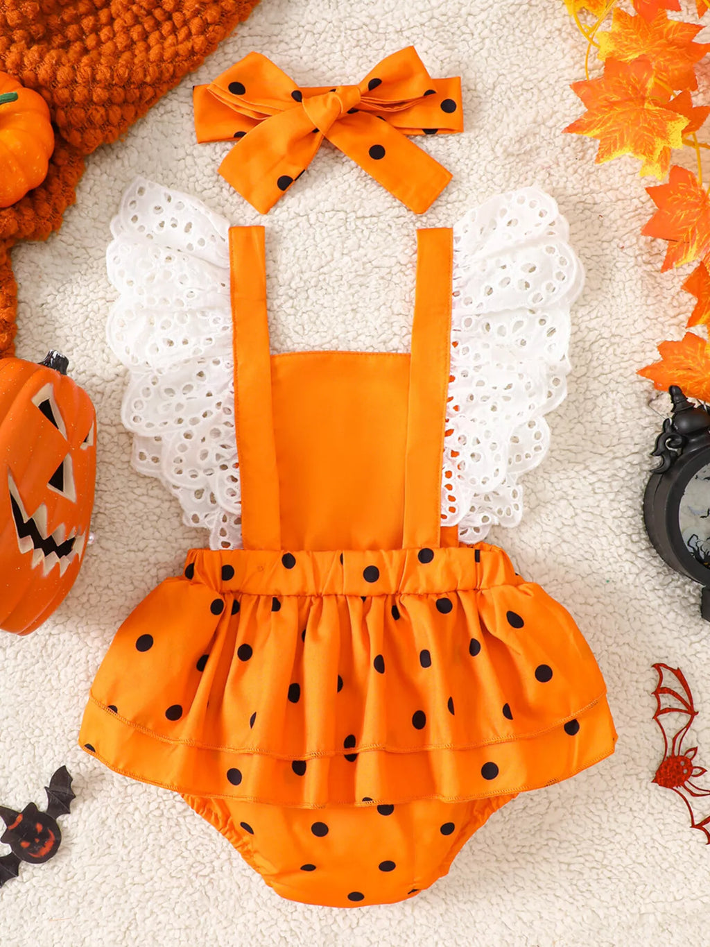 Children's Halloween Pumpkin Polka Dot Bodysuit and Headband Set