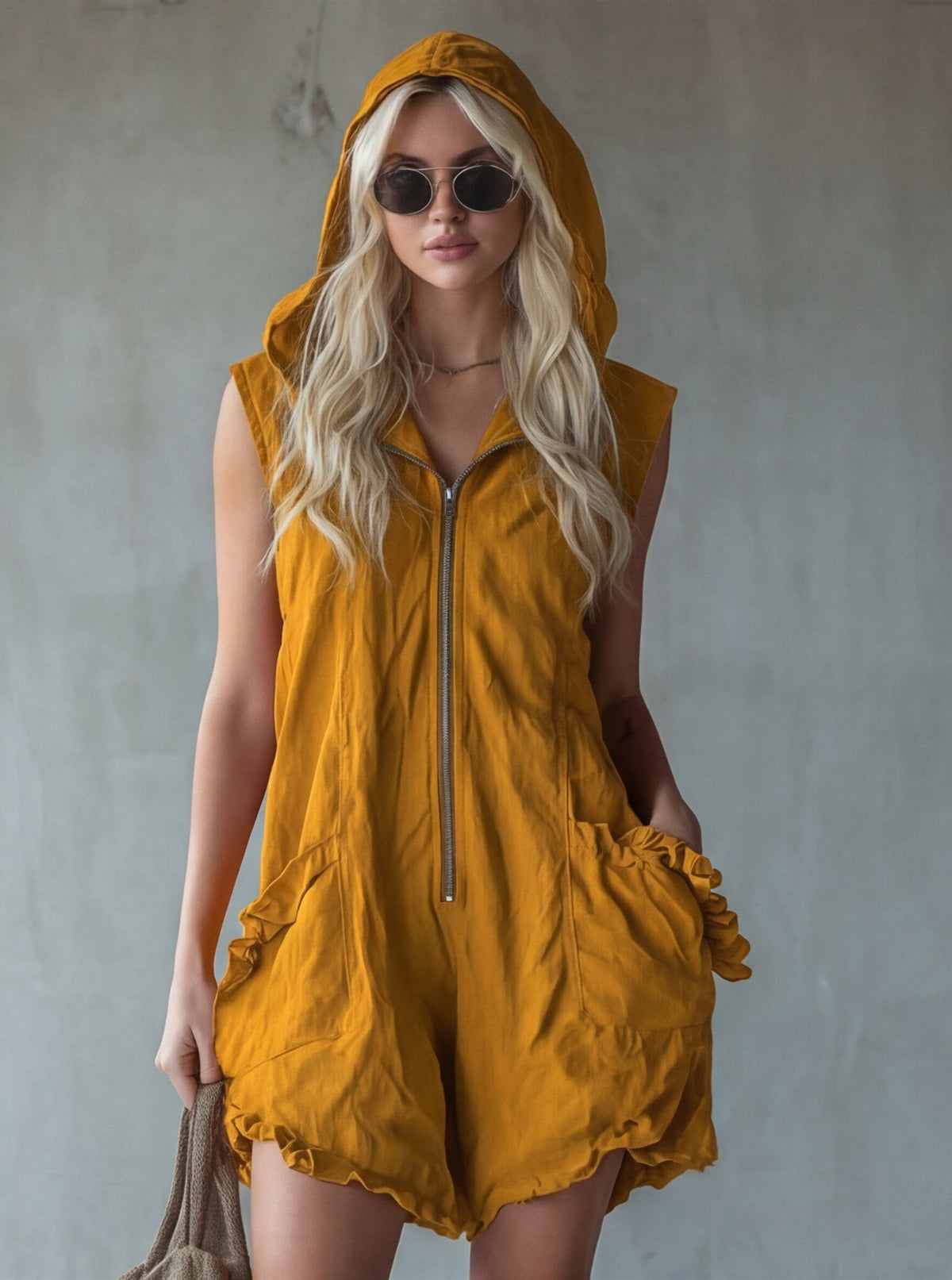 Vintage Style Hooded Zip-up Sleeveless Faux Linen Jumpsuit