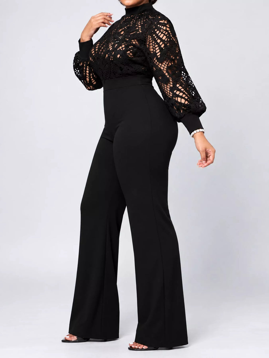 Full Size Lace Lantern Sleeve Flare Jumpsuit Plus Size
