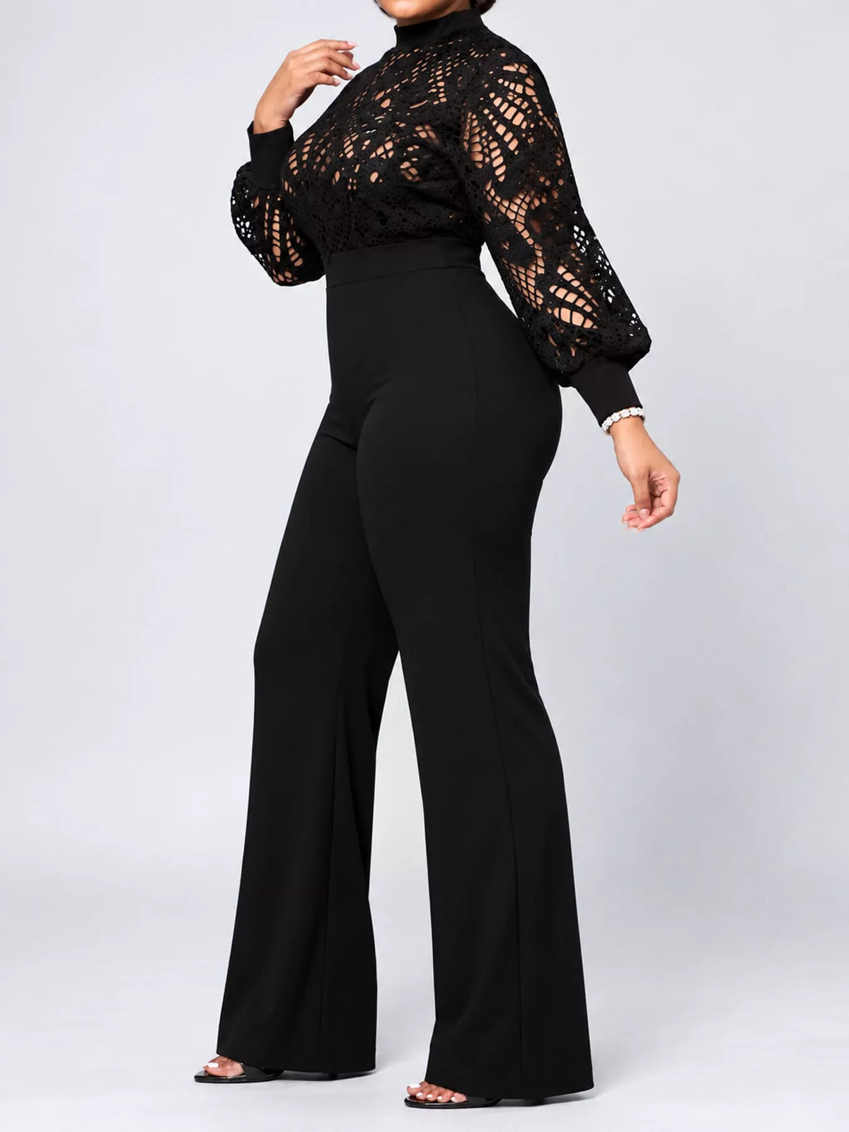 Full Size Lace Lantern Sleeve Flare Jumpsuit Plus Size