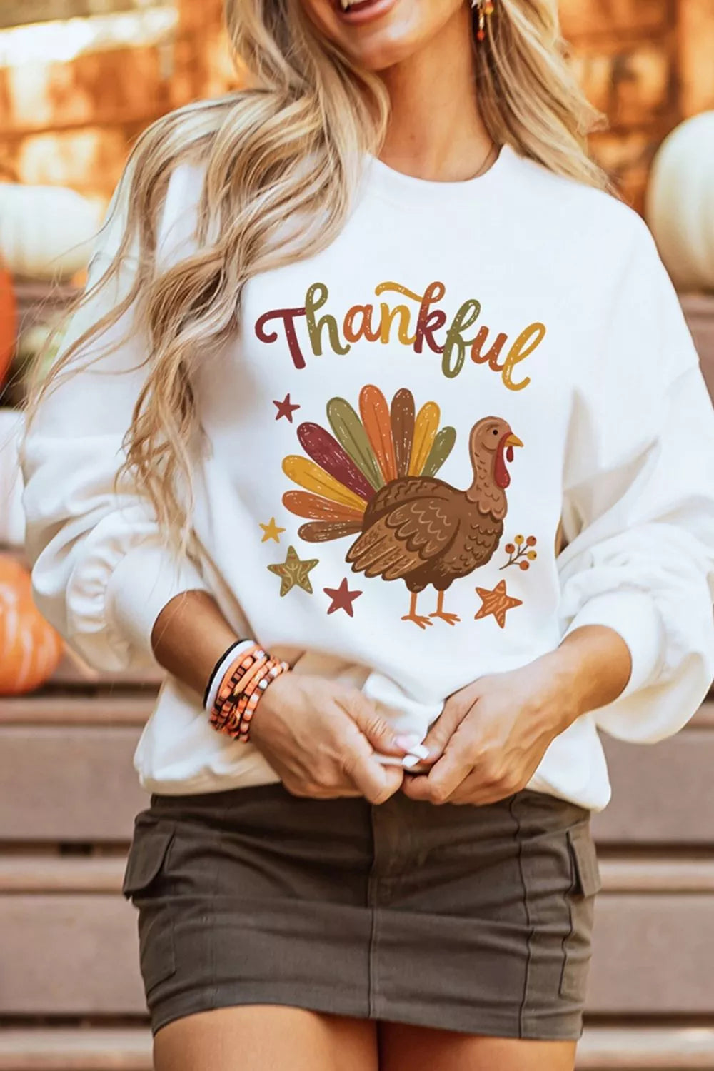 Thankful Turkey Graphic Crewneck Pullover Sweatshirt