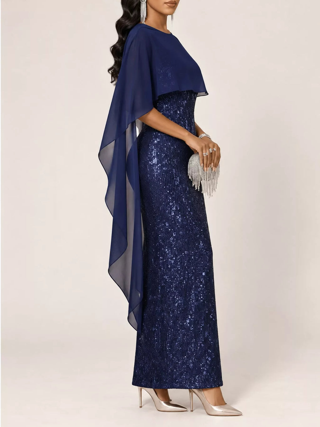 Sequin Cape Overlay Evening Dress