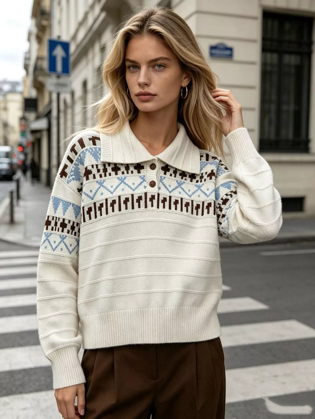 Vintage-Inspired Fair Isle Patterned Polo Sweater