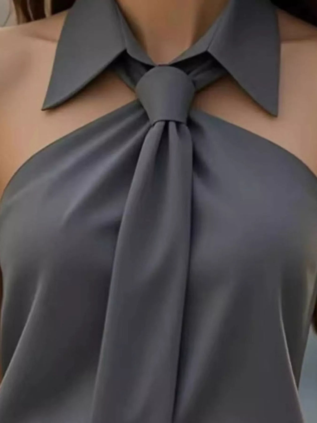 Halter Neck Sleeveless Top with Tie-Front Collar Detail