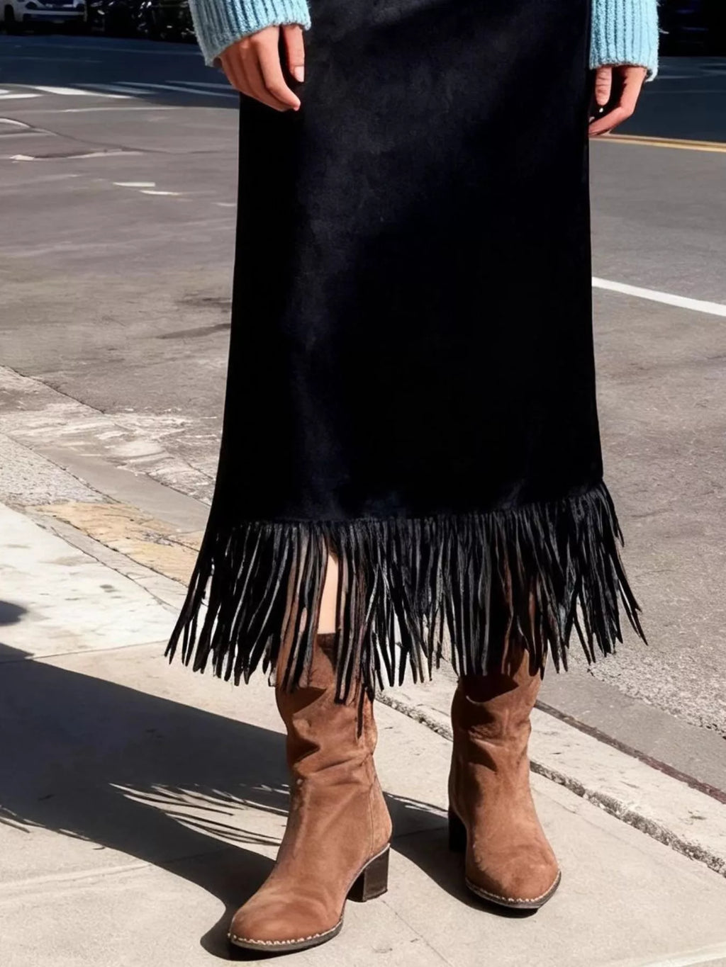 High-Waisted Suede Fringe Midi Skirt