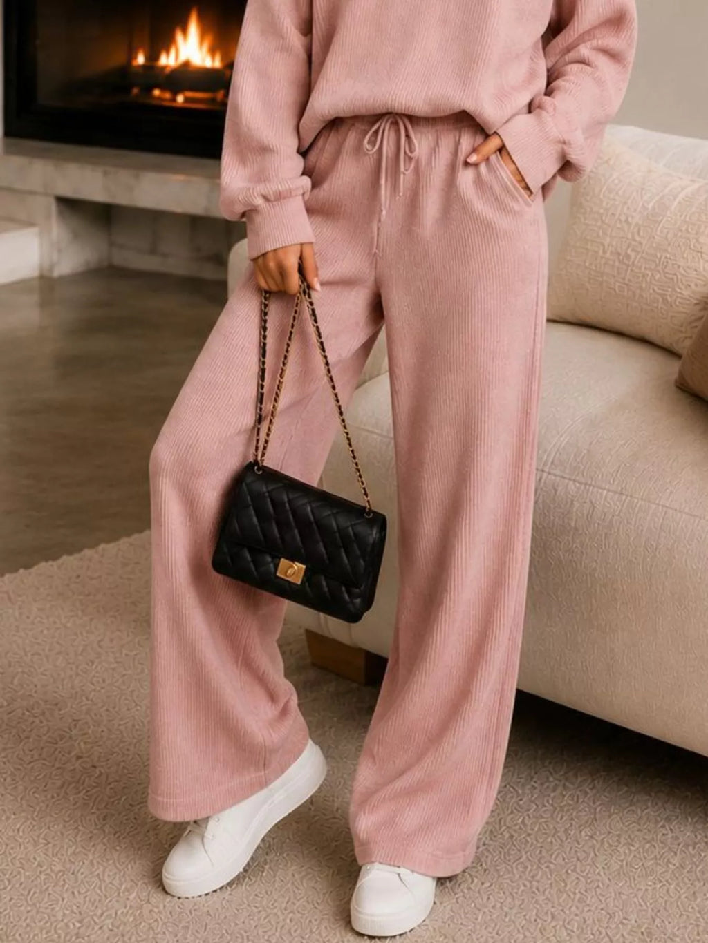 Ribbed Knit Quarter-Zip Top and Wide-Leg Pants Set