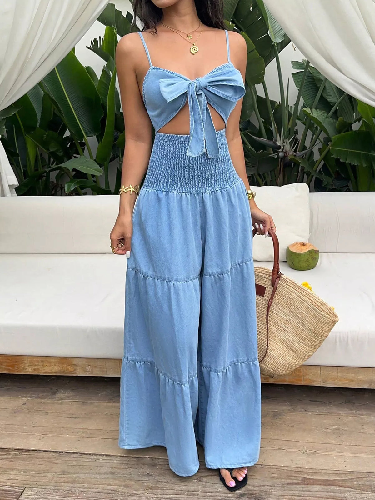 Tie-Front Cutout Smocked Wide Leg Denim Jumpsuit