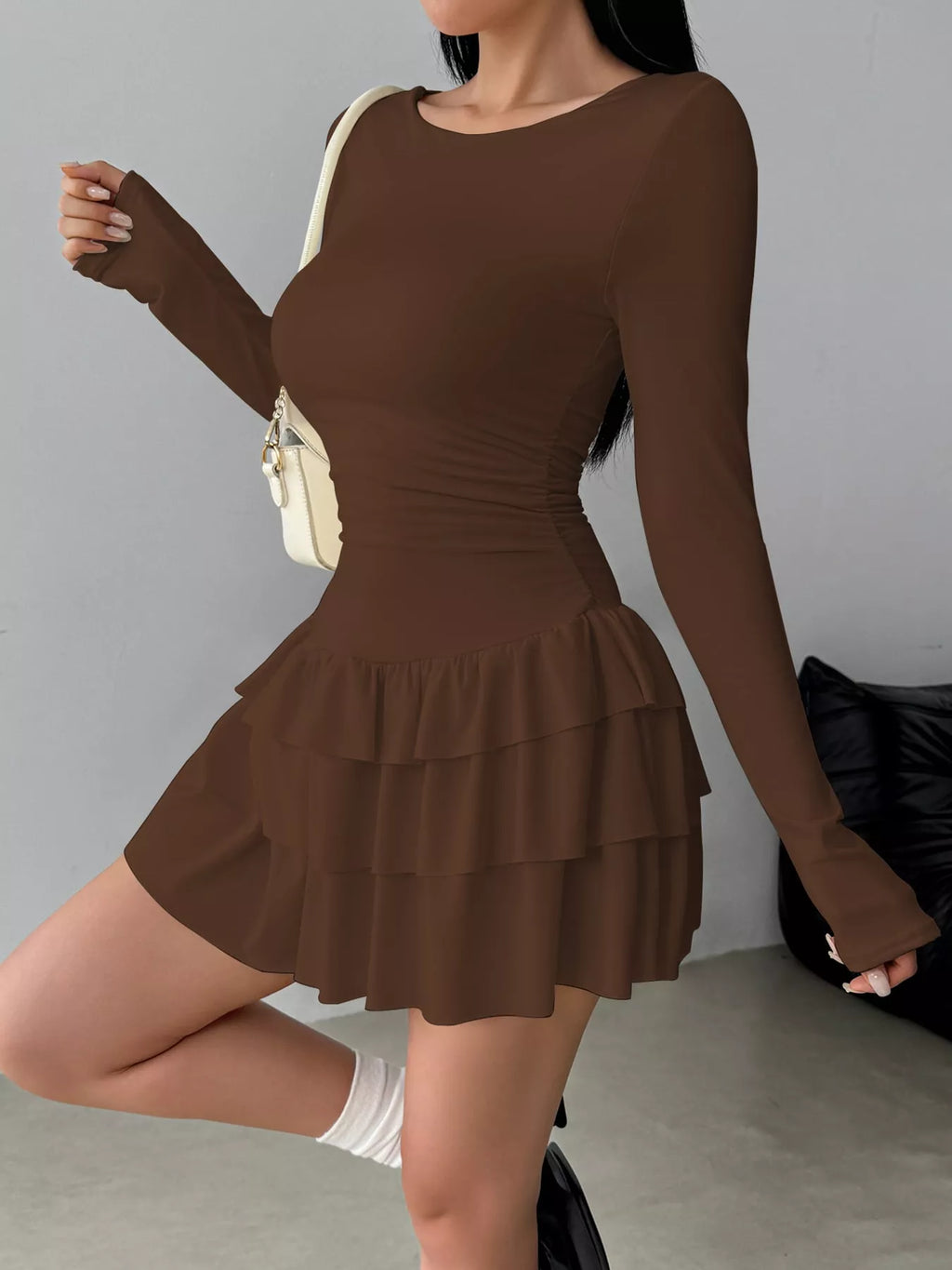 Layered Ruffle Long Sleeve Mini Dress