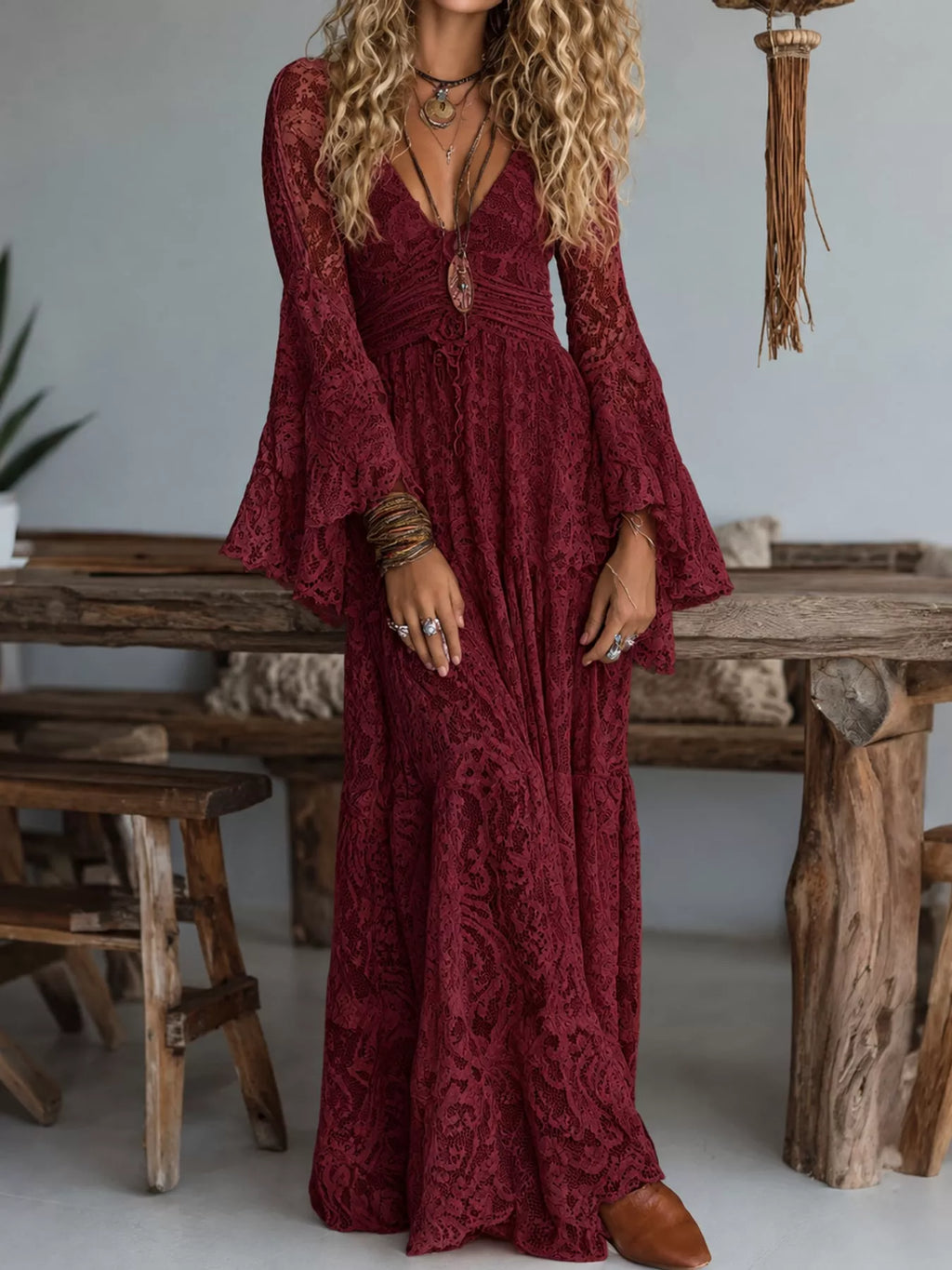 V-Neck Lace Flare Sleeve Maxi Dress
