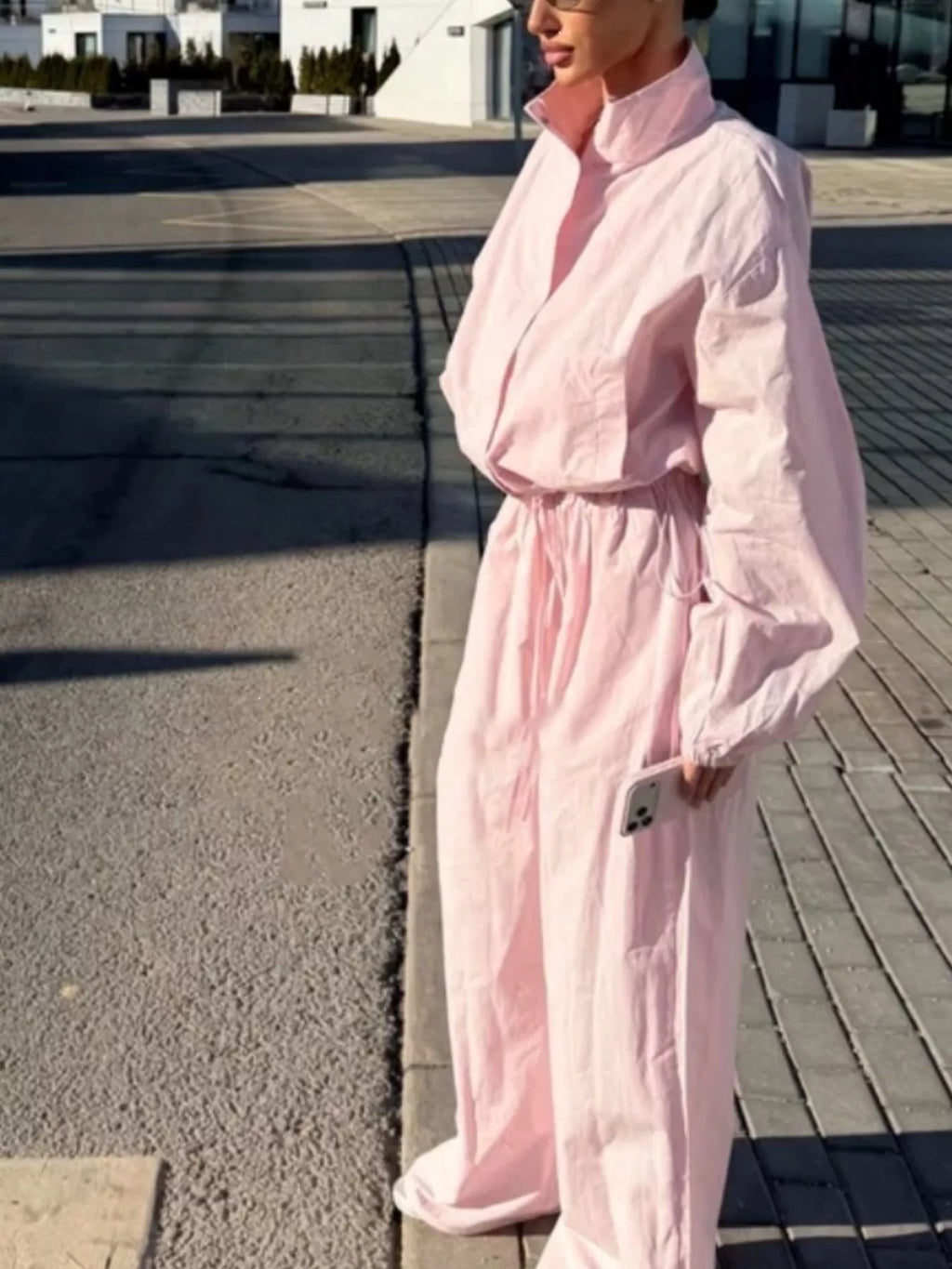 Drawstring Hem Crop Jacket and Wide-Leg Pant Set