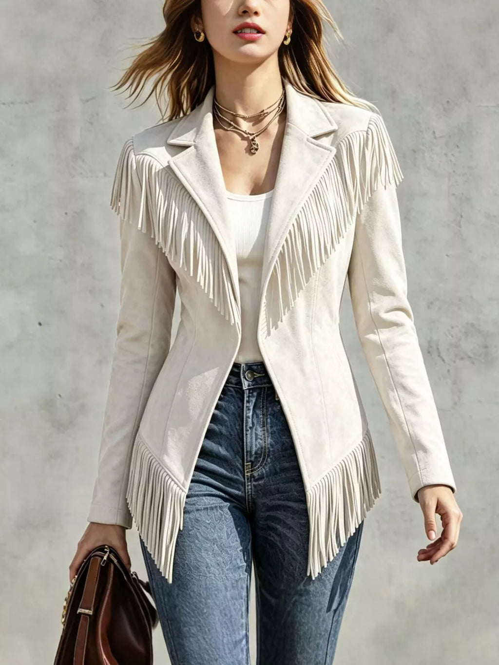 Western-Inspired Fringed Open Front Jacket