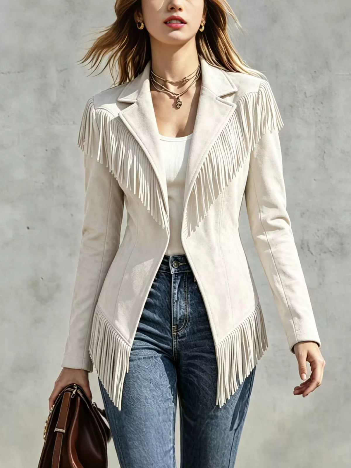 Western-Inspired Fringed Open Front Jacket
