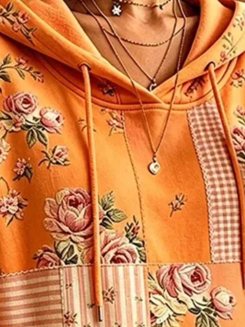 Full Size Drawstring Floral Dropped Shoulder Hoodie Plus Size