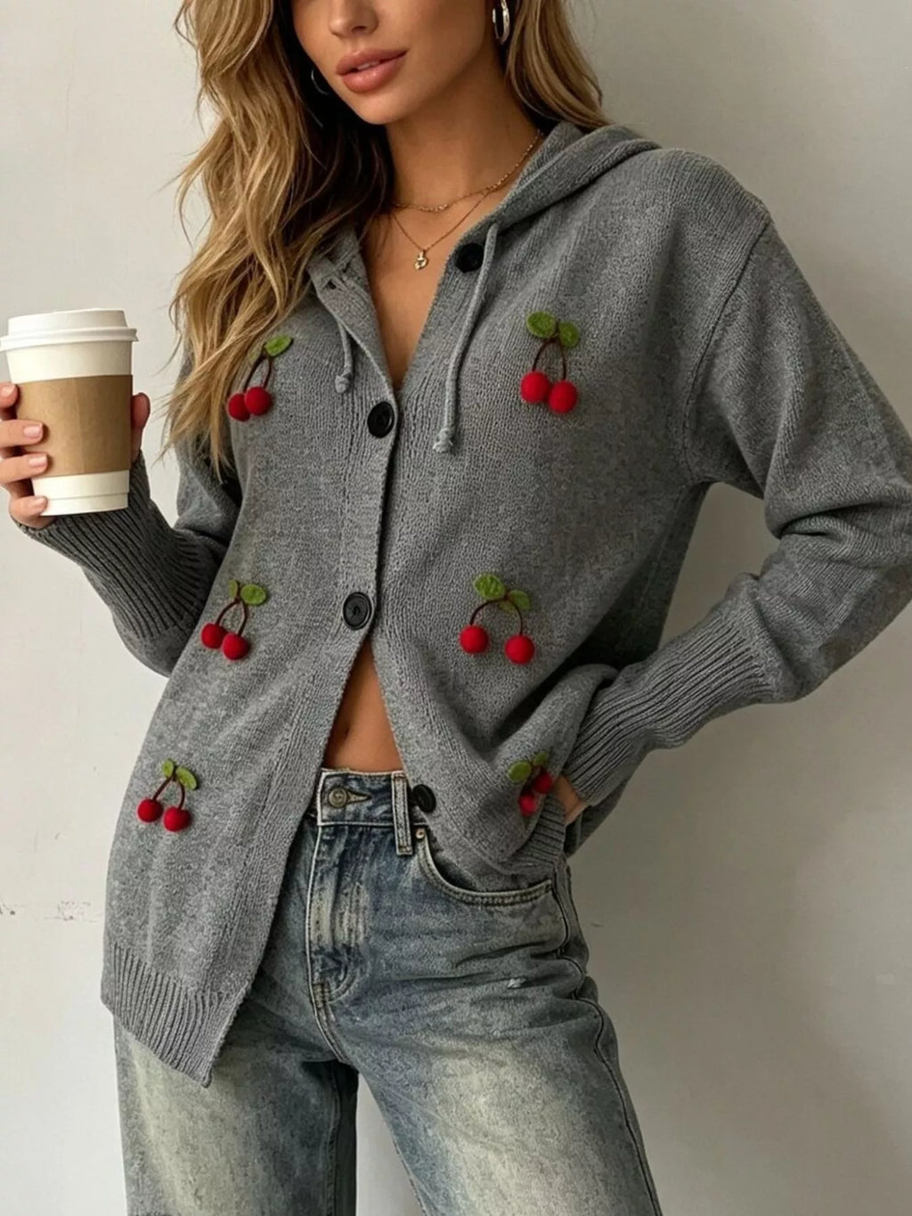 Full Size 3D Cherry Applique Hooded Cardigan Plus Size