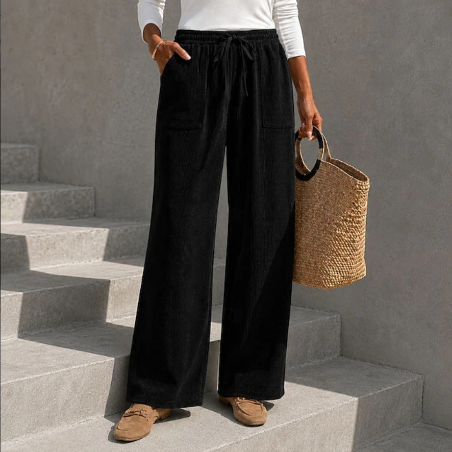 Autumn Winter European And American Cross-Border Women's Corduroy Wide Leg Pants With Elastic Waist And Drawstring, Loose Casual Long Pants