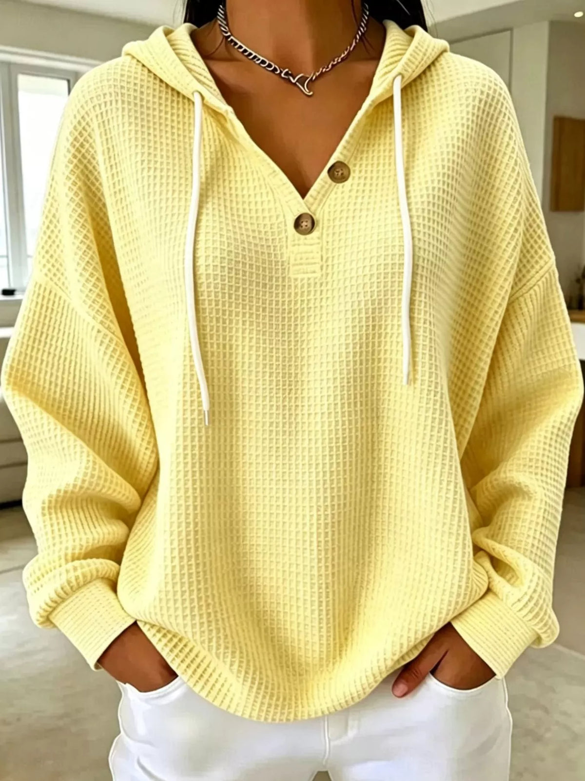 Full Size Waffle Knit Button Detail Hoodie Plus Size