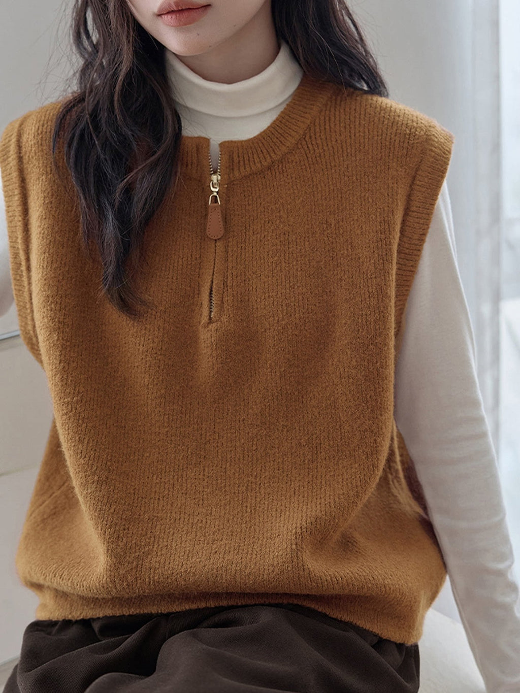 Dark Gray Crew-neck Half-zip Knit Vest Layered Over A Gray College-style Sweater Vest